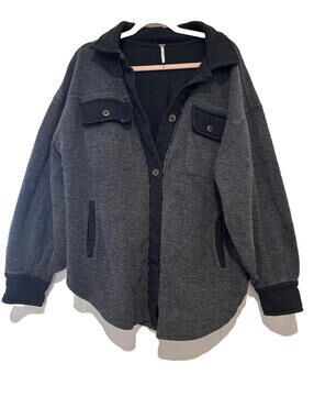 Free People sz S Ruby Jacket navy blue fleece pockets button down cotton #3293